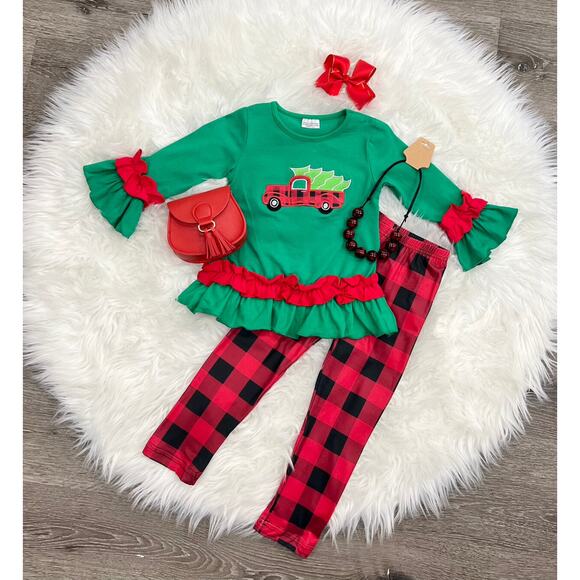 Christmas Outfit Set Truck Applique Ruffle Top Plaid Leggings‎ Bow Size 3T - Picture 1 of 1